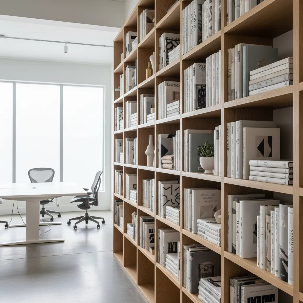 Estantería con varios libros de diseño de interiores en un estudio creativo