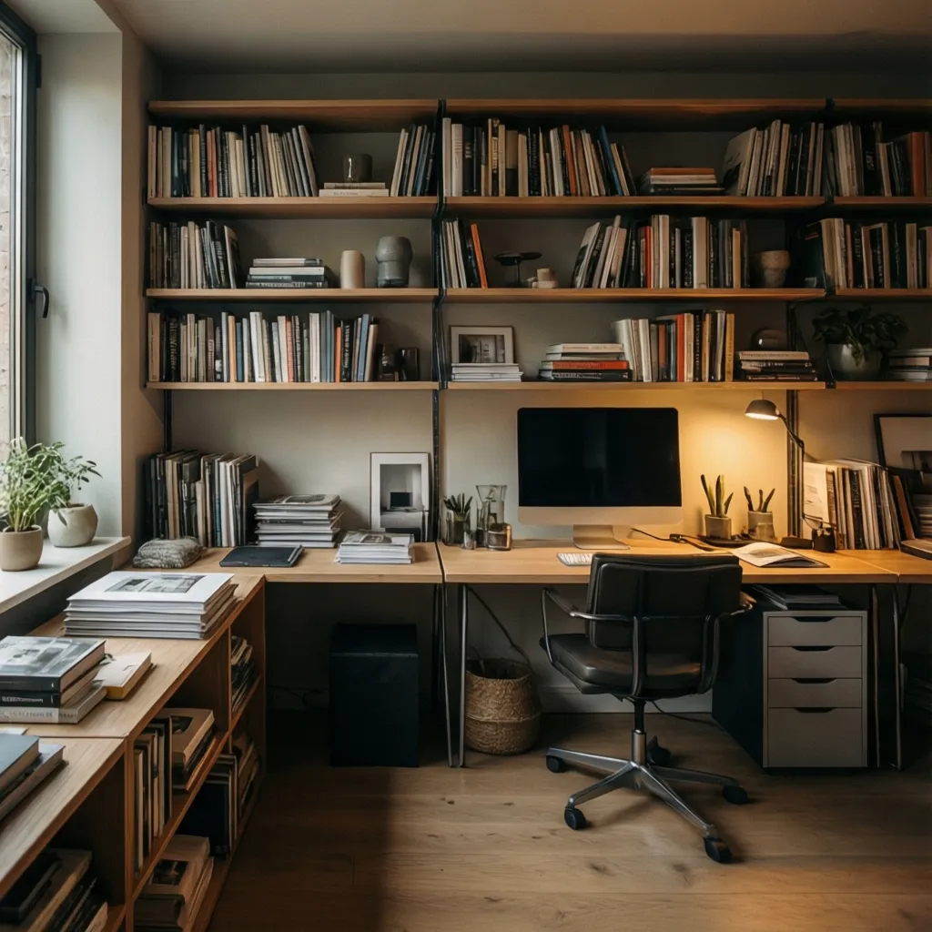 Estantería con libros de diseño de interiores en un estudio creativo