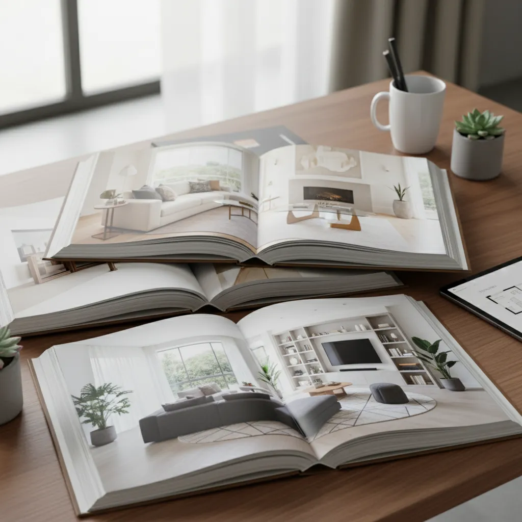 Open interior design books showing living room photos on wooden desk with white coffee mug