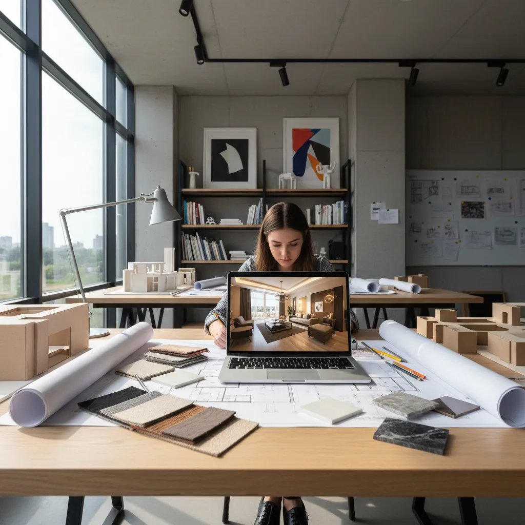 Designer working on laptop showing living room interior design drawing with floor plans and samples