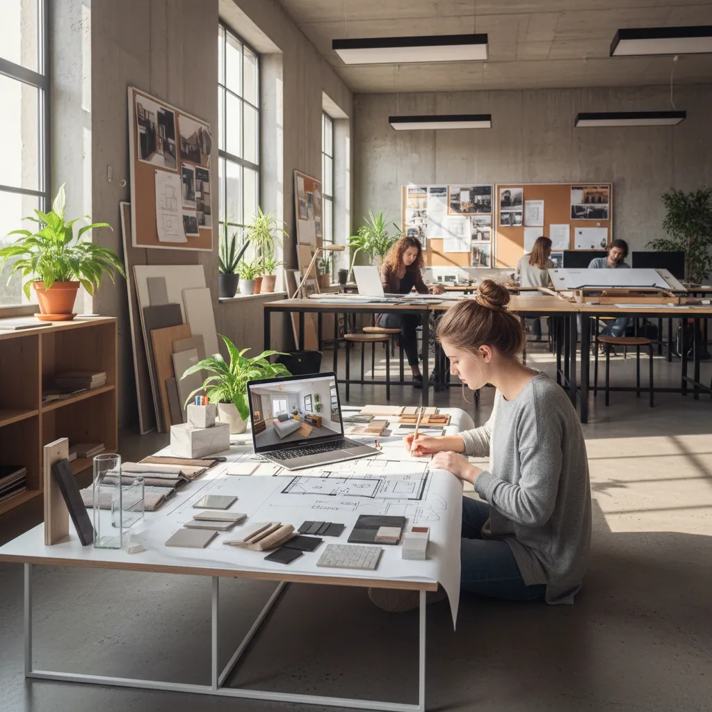 Woman sitting in studio drawing on floor plan with laptop and several material color samples