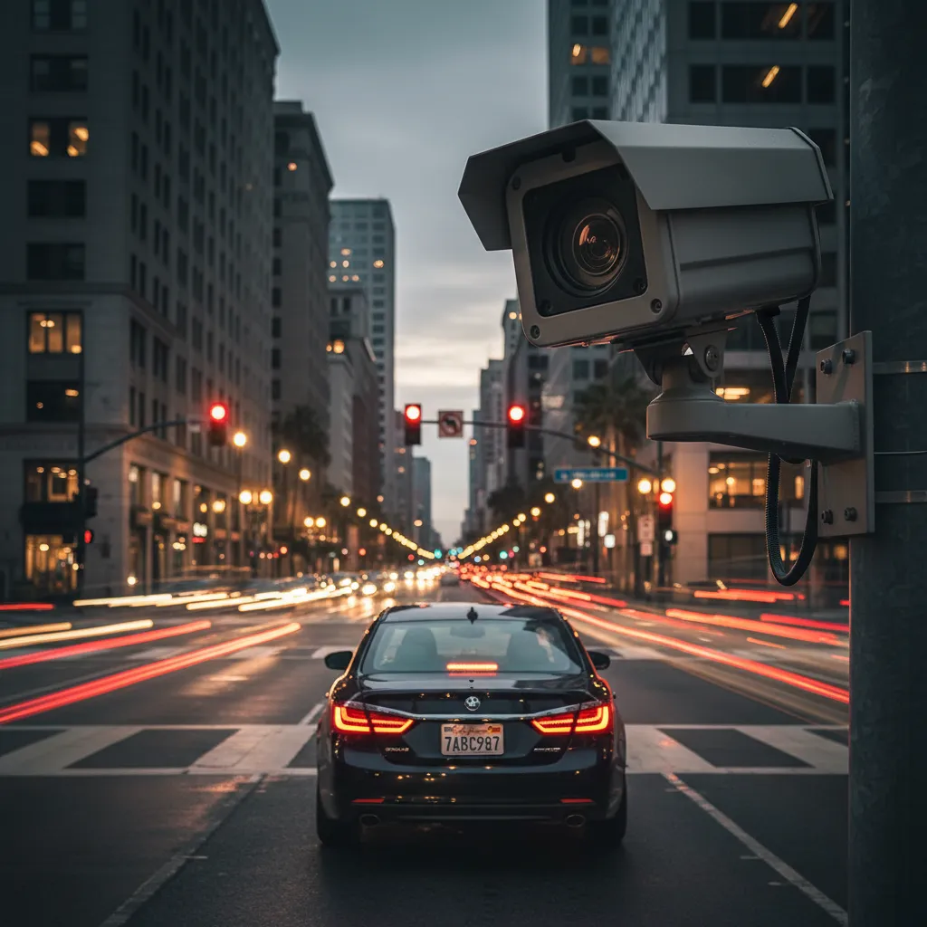 Close view of traffic camera capturing vehicle license plate at intersection
