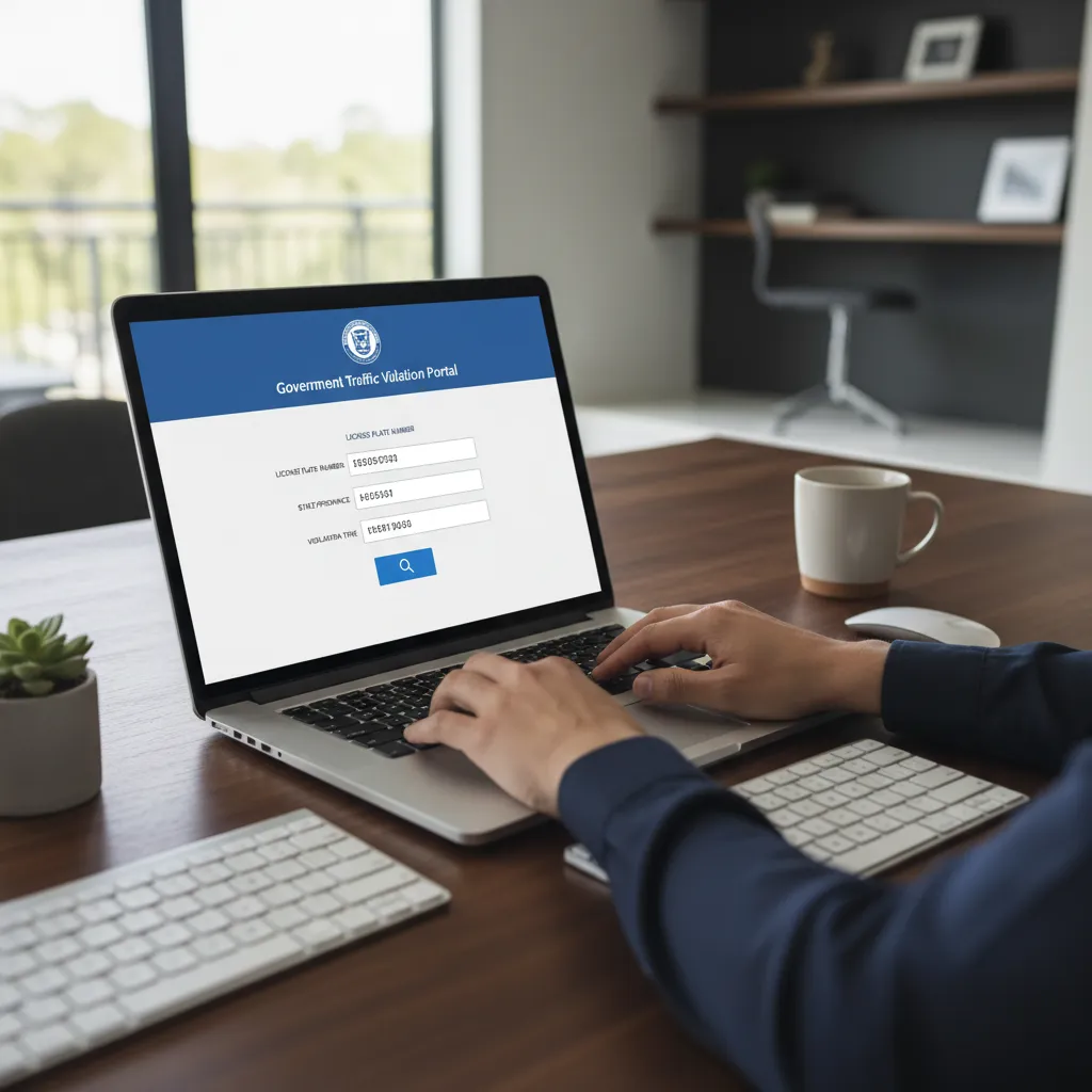 Driver entering license plate information into an online traffic violation search form