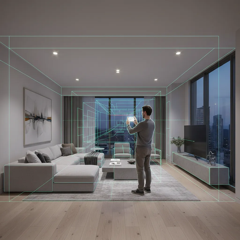 Scanning a living room with an iPhone LiDAR floor plan app
