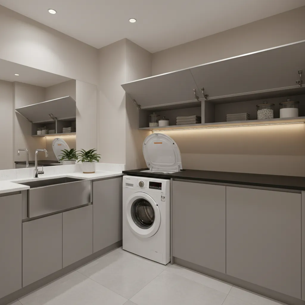 Laundry cabinets with lift up doors above a top loading washer