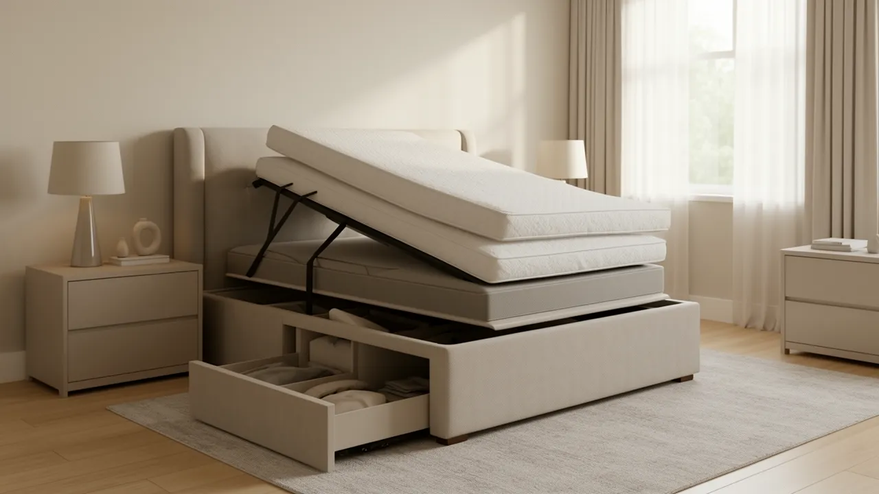 Lift up queen bed showing hidden storage compartment in modern bedroom