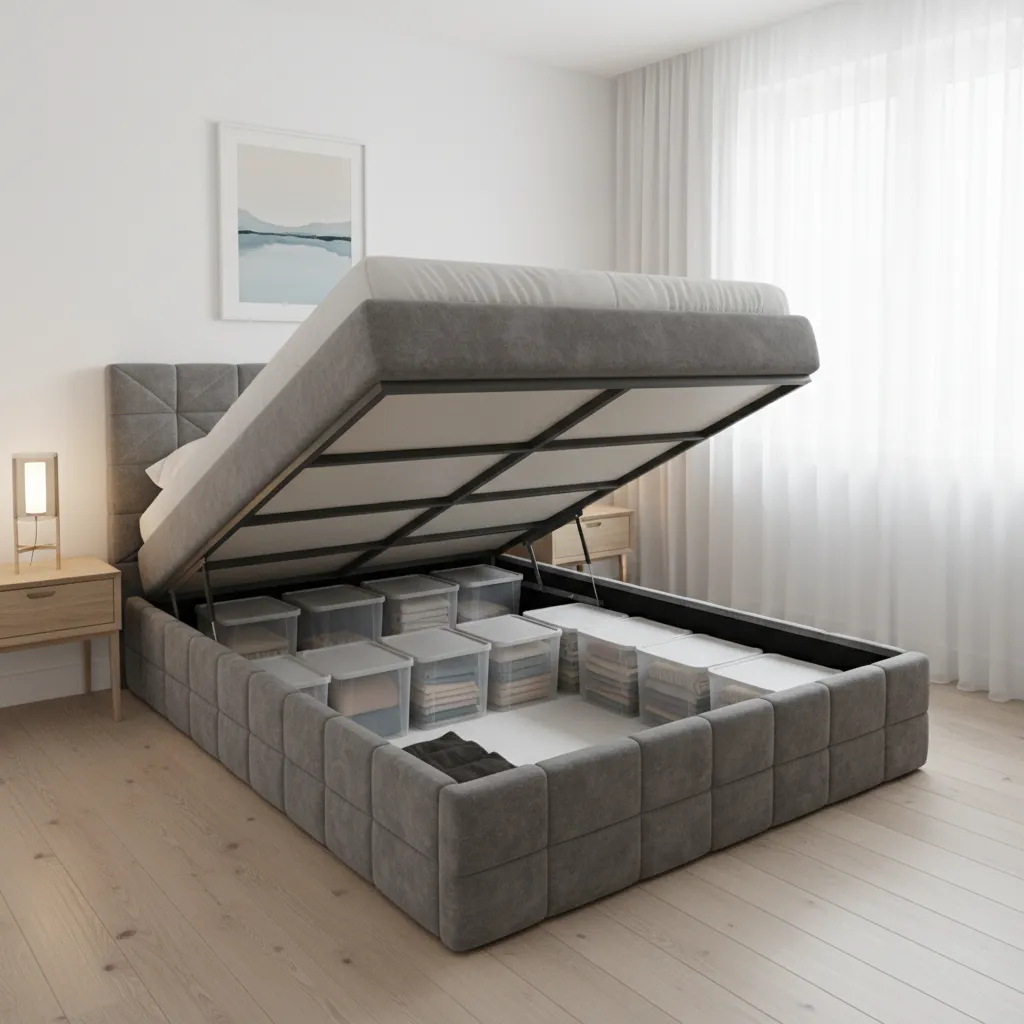 Queen lift up storage bed with hydraulic mechanism revealing storage space