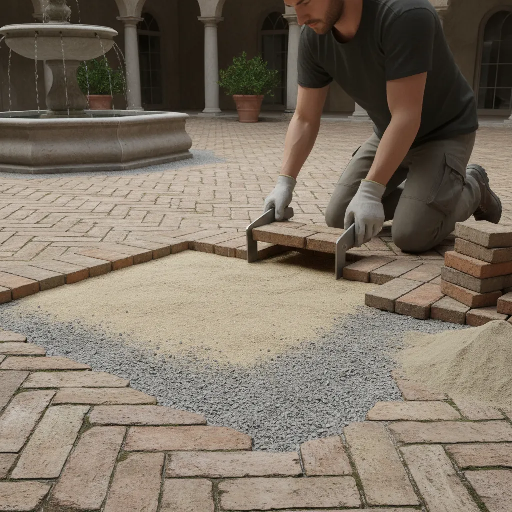 Worker lifting brick pavers from courtyard to inspect base layer