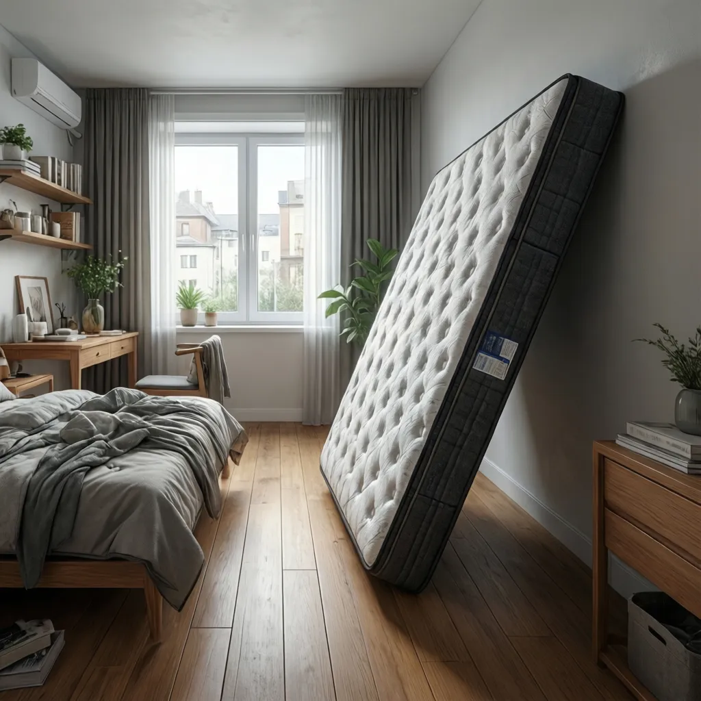 mattress standing against wall for ventilation in bedroom