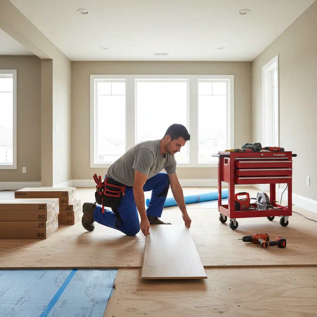 contractor lifting vinyl plank to inspect subfloor for odor sources