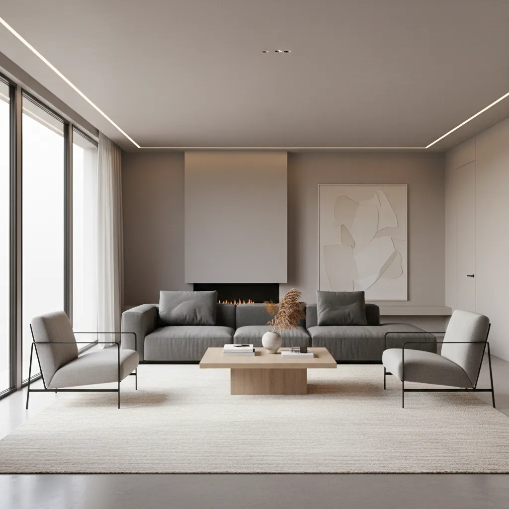 Large ivory rug placed under sofa in dark grey living room