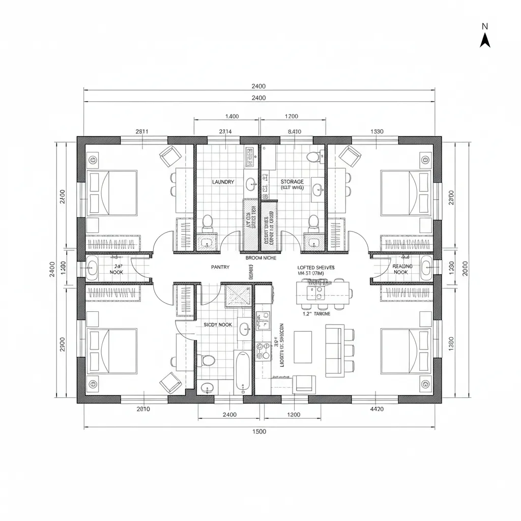 Top-down plan with perimeter glazing and a central utility spine.