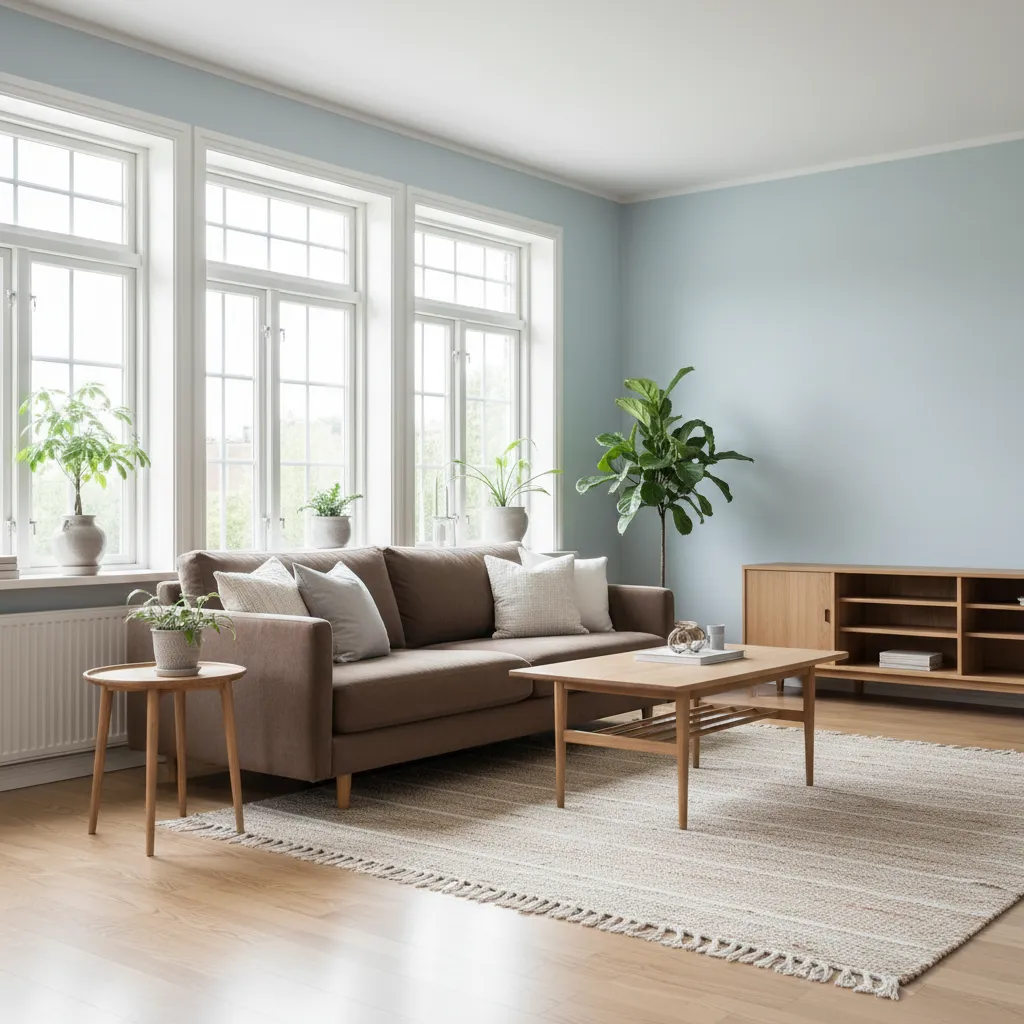 Light blue living room with brown furniture and airy design