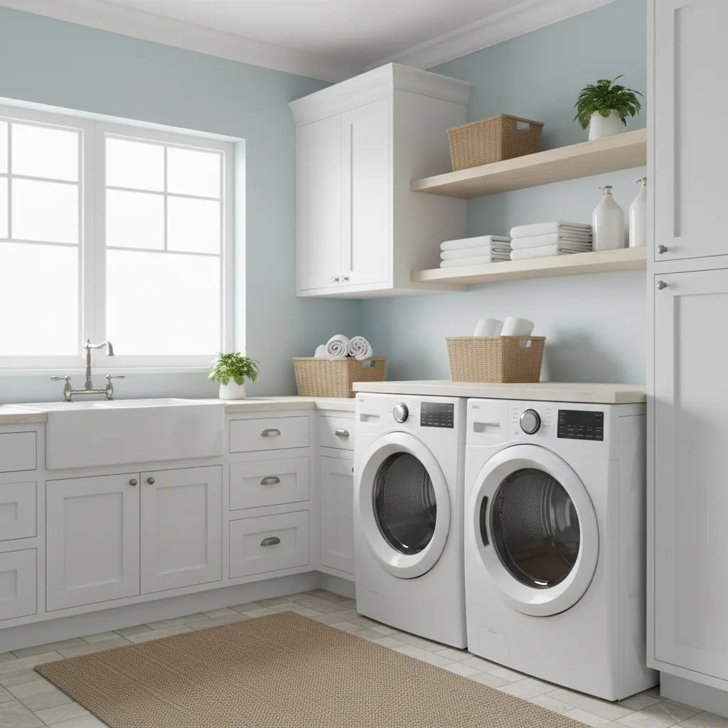 laundry room with light blue walls white appliances and natural window light
