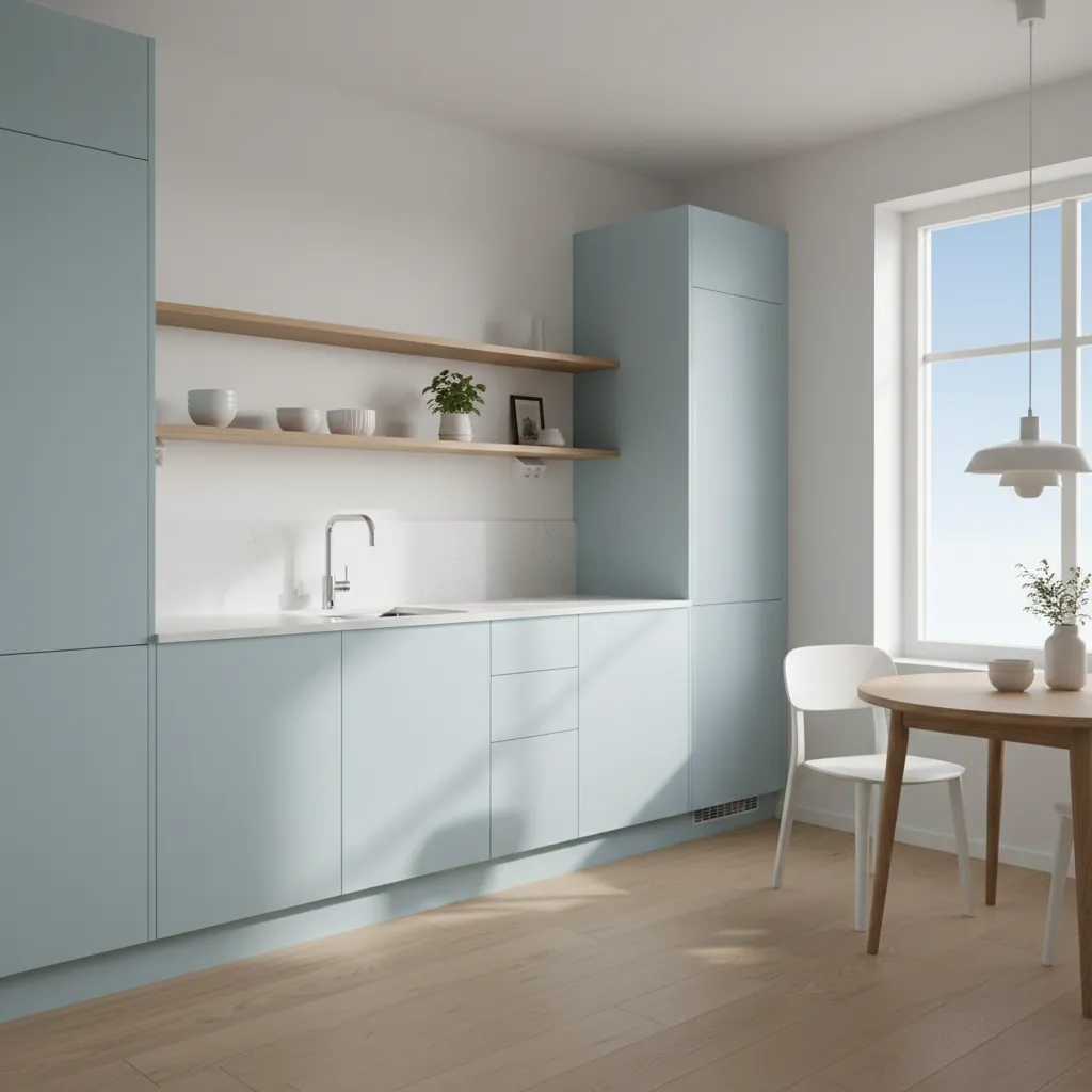 Cocina moderna pequeña con muebles celeste claro y encimera blanca