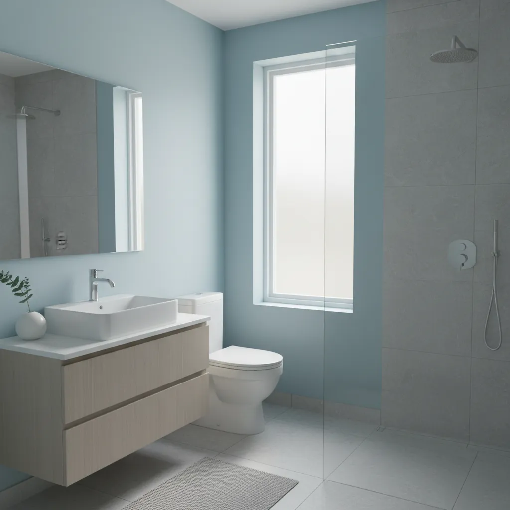 Small bathroom with light blue walls and white fixtures creating an airy feel