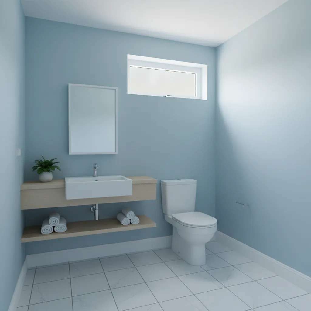 Small bathroom with soft blue walls and white fixtures