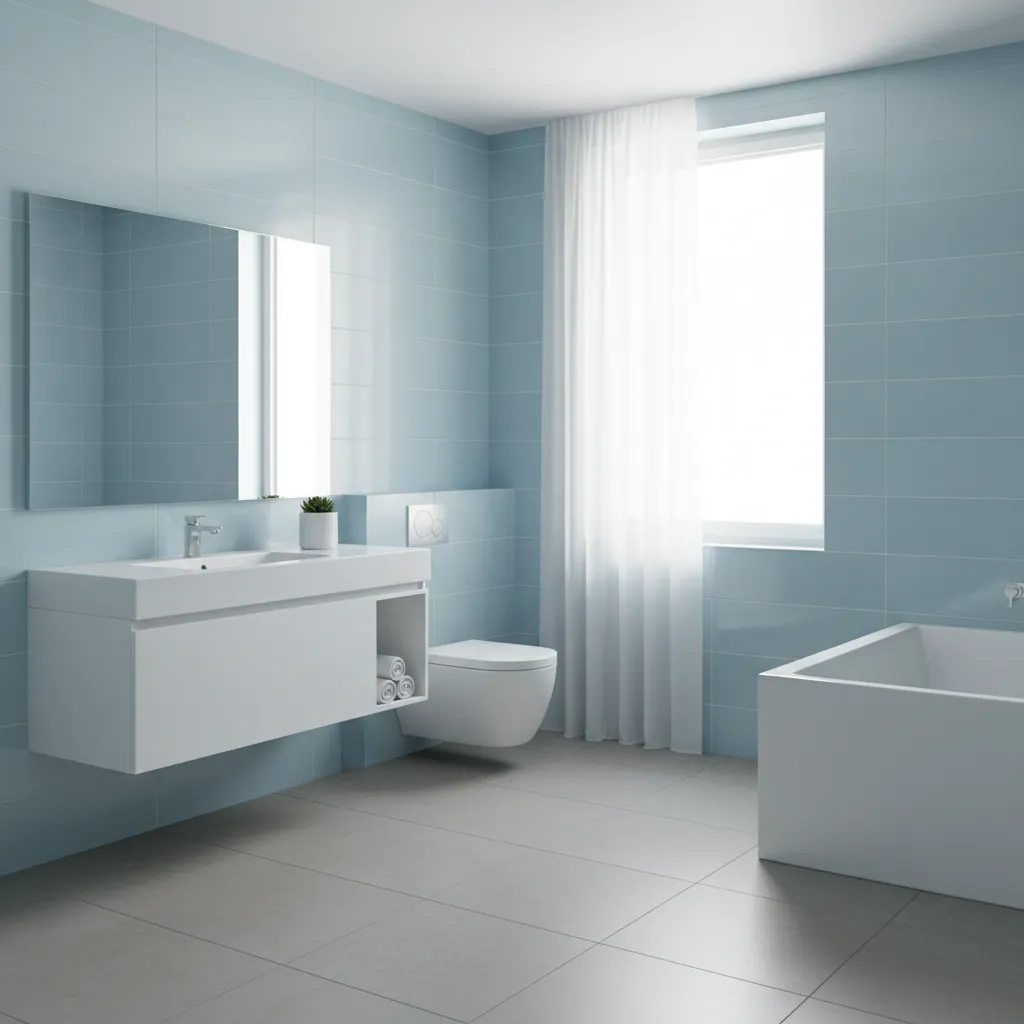 Bright bathroom interior with soft light blue wall tiles and white fixtures