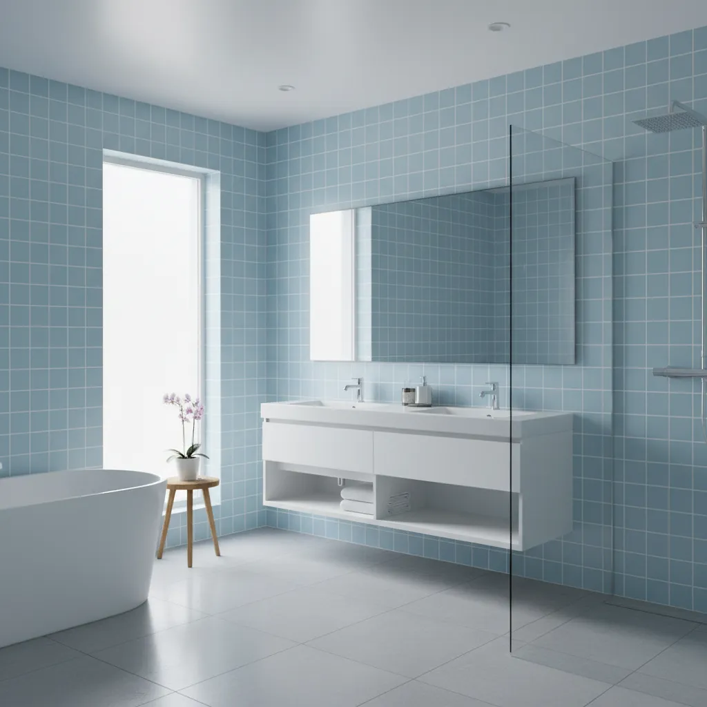 Bathroom with light blue wall tiles and white fixtures creating a calm atmosphere