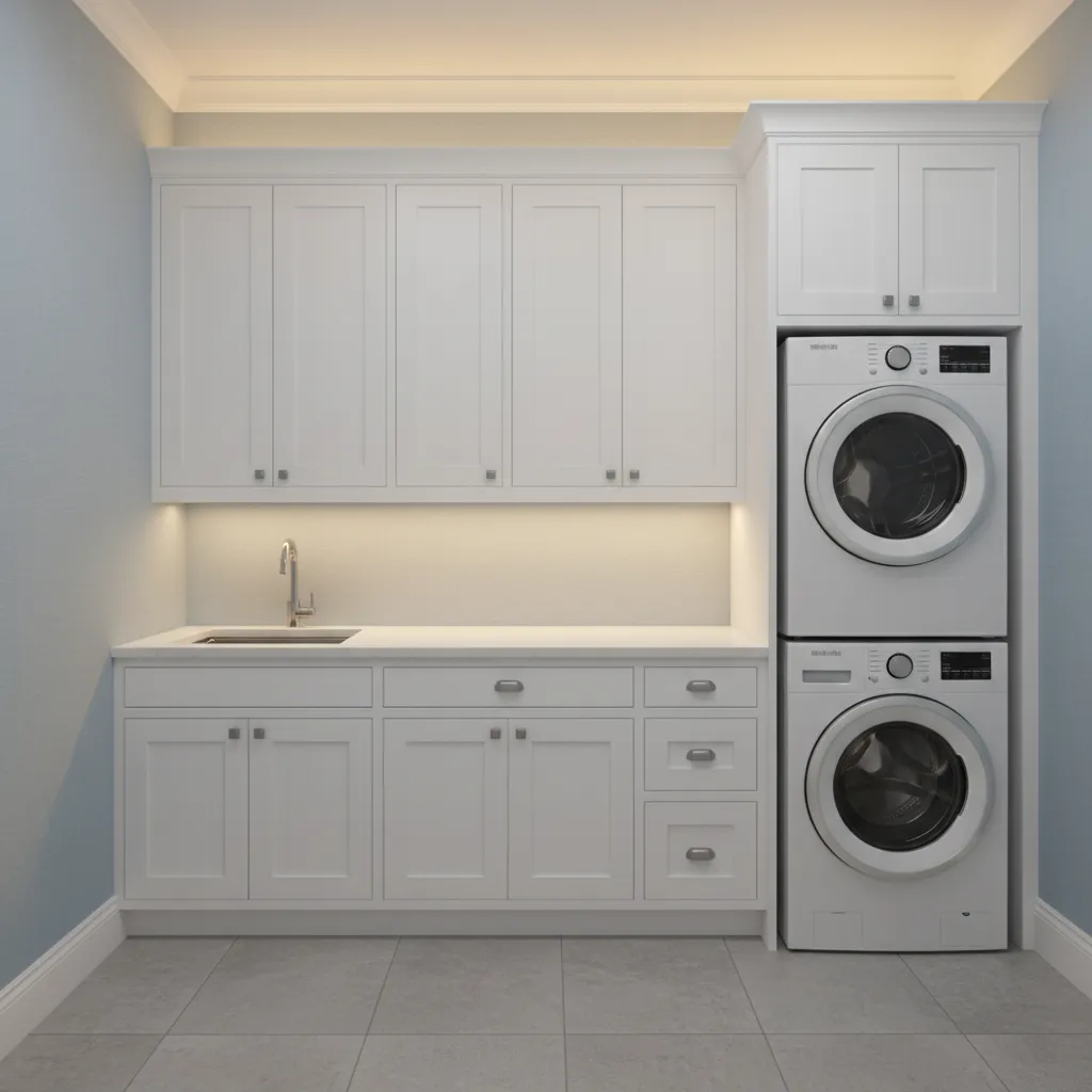 Windowless laundry room brightened with light blue wallpaper and soft lighting