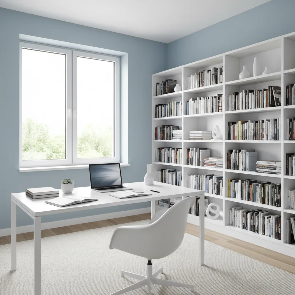 Bright study room with light blue walls white desk and natural lighting