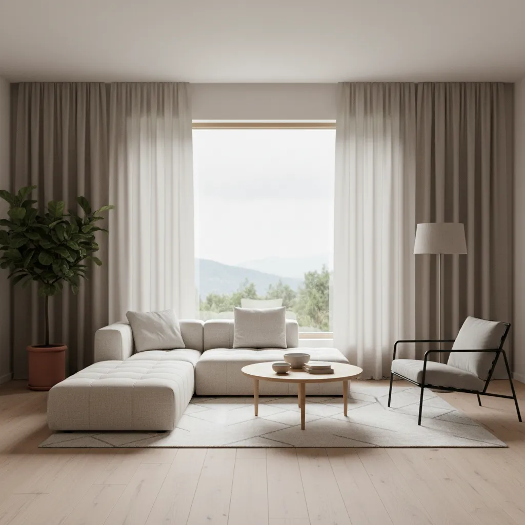 Small living room with light brown curtains enhancing brightness