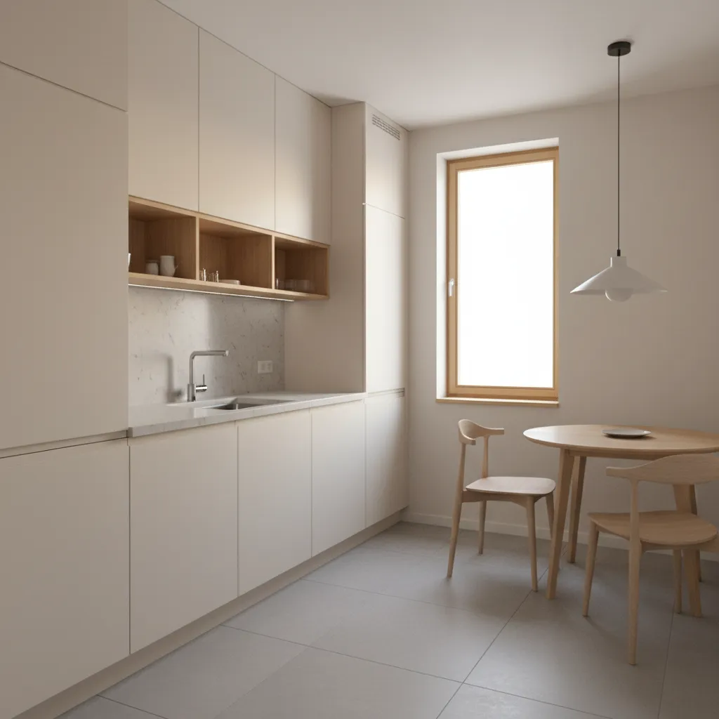 Small kitchen with warm white cabinets and natural lighting