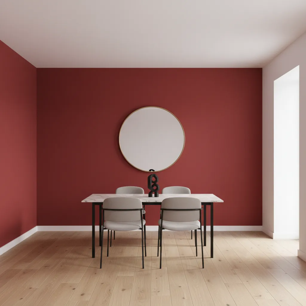 Red dining room with white ceiling and light floor