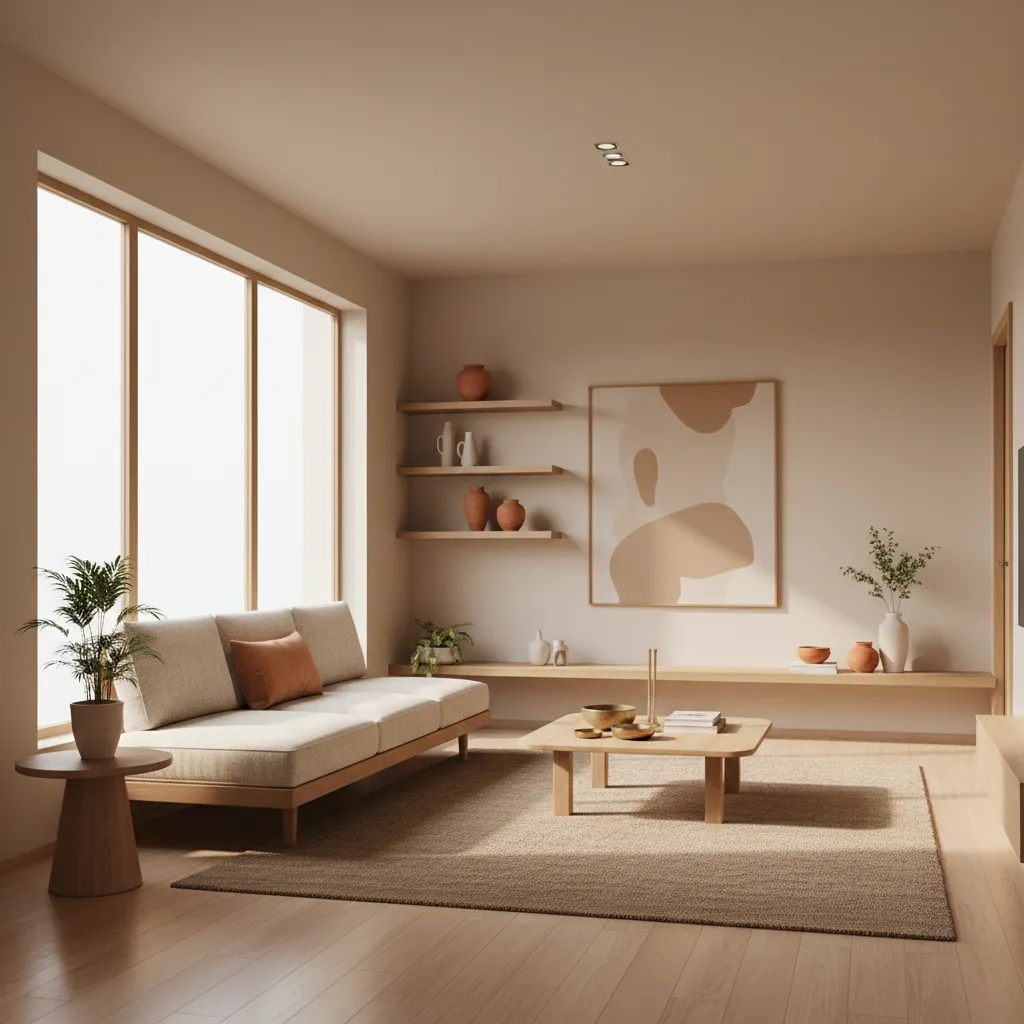 Light color interior palette in a modern apartment with beige and wood tones