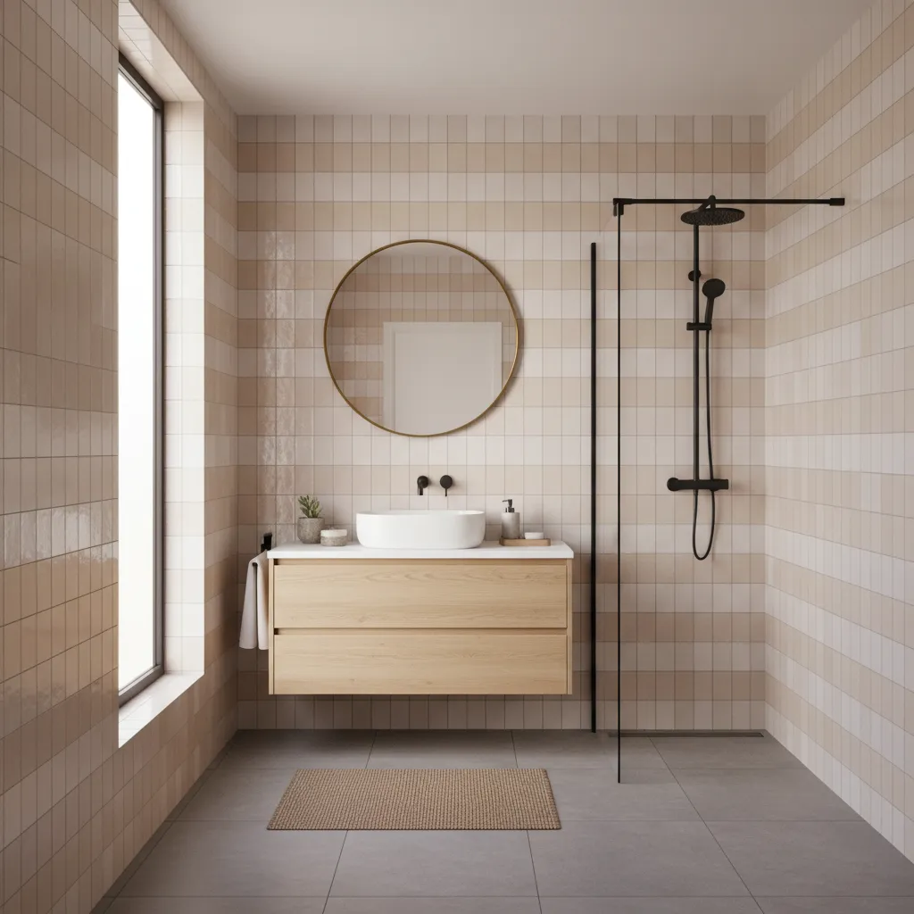 Small bathroom with light colored wall tiles making the space appear larger