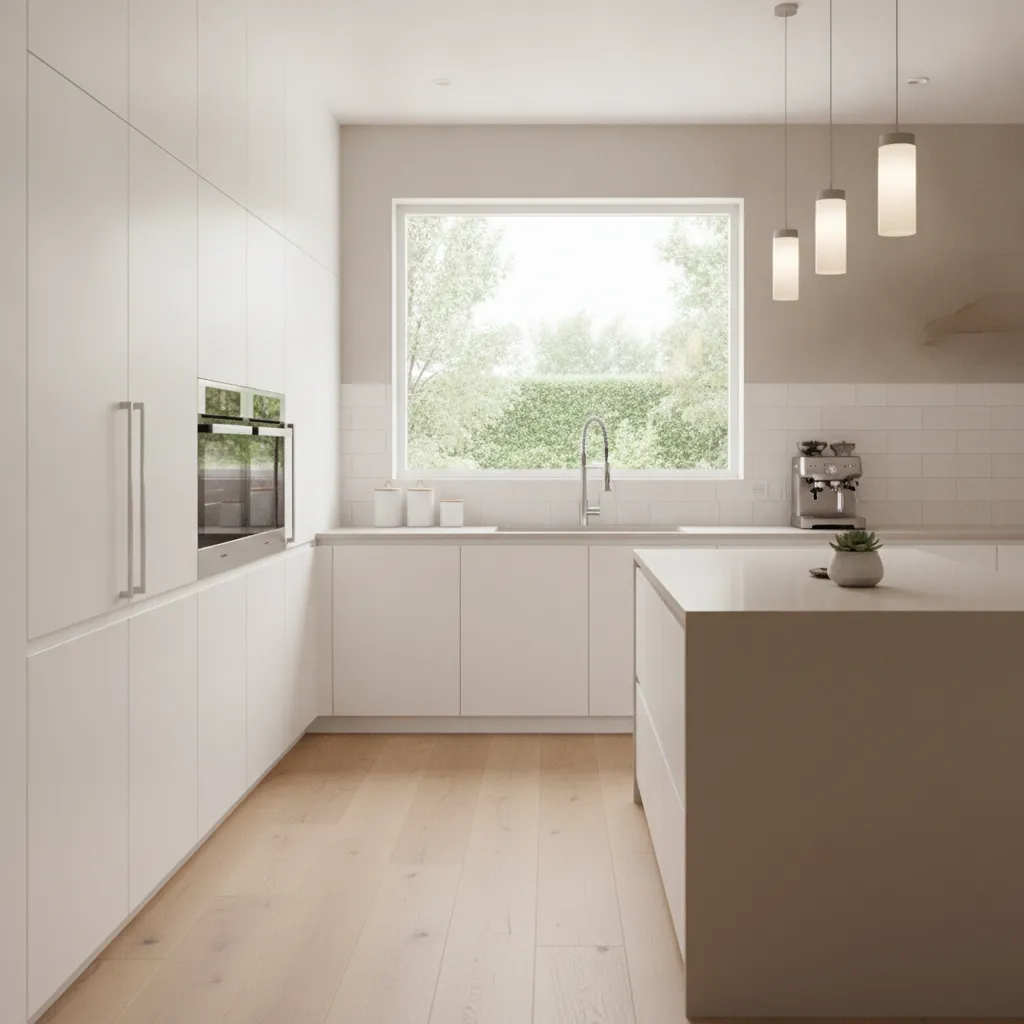 Light colored kitchen with white cabinets and neutral countertops