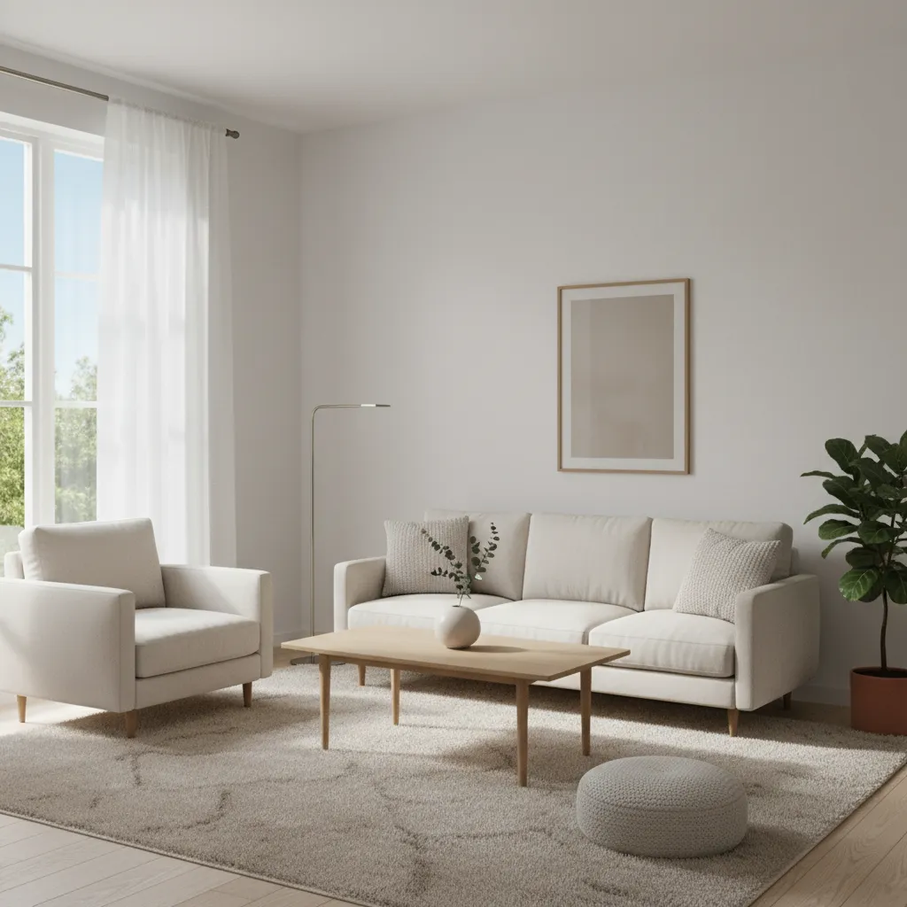Small living room with light beige rug that brightens the space