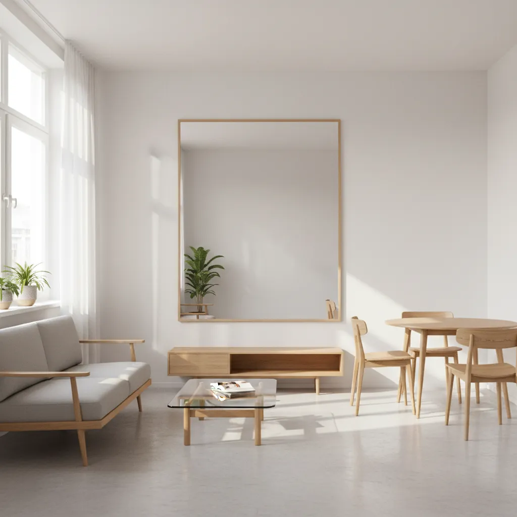 Small apartment interior using light colors mirrors and reflective surfaces