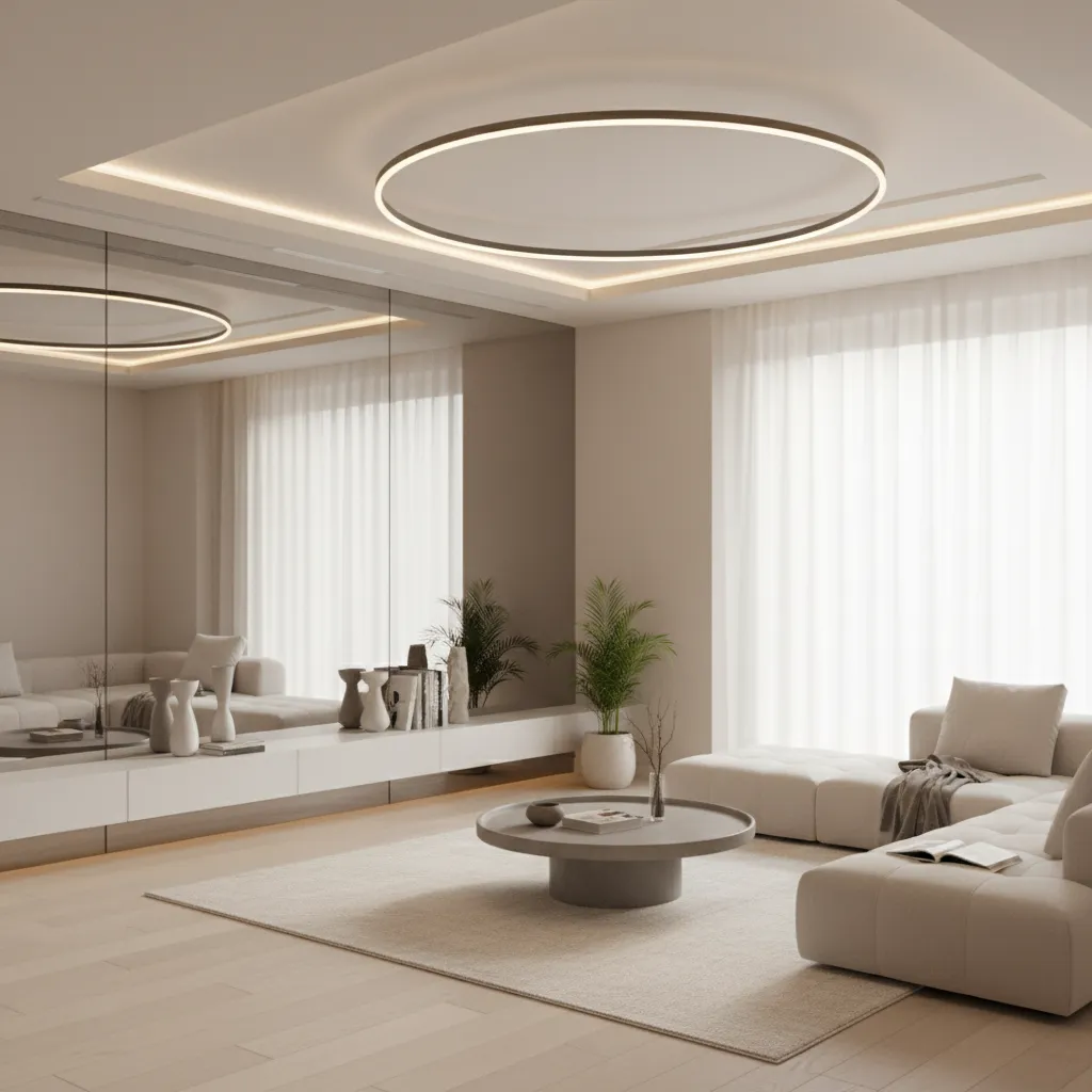 light colored small apartment interior with mirrors and layered lighting
