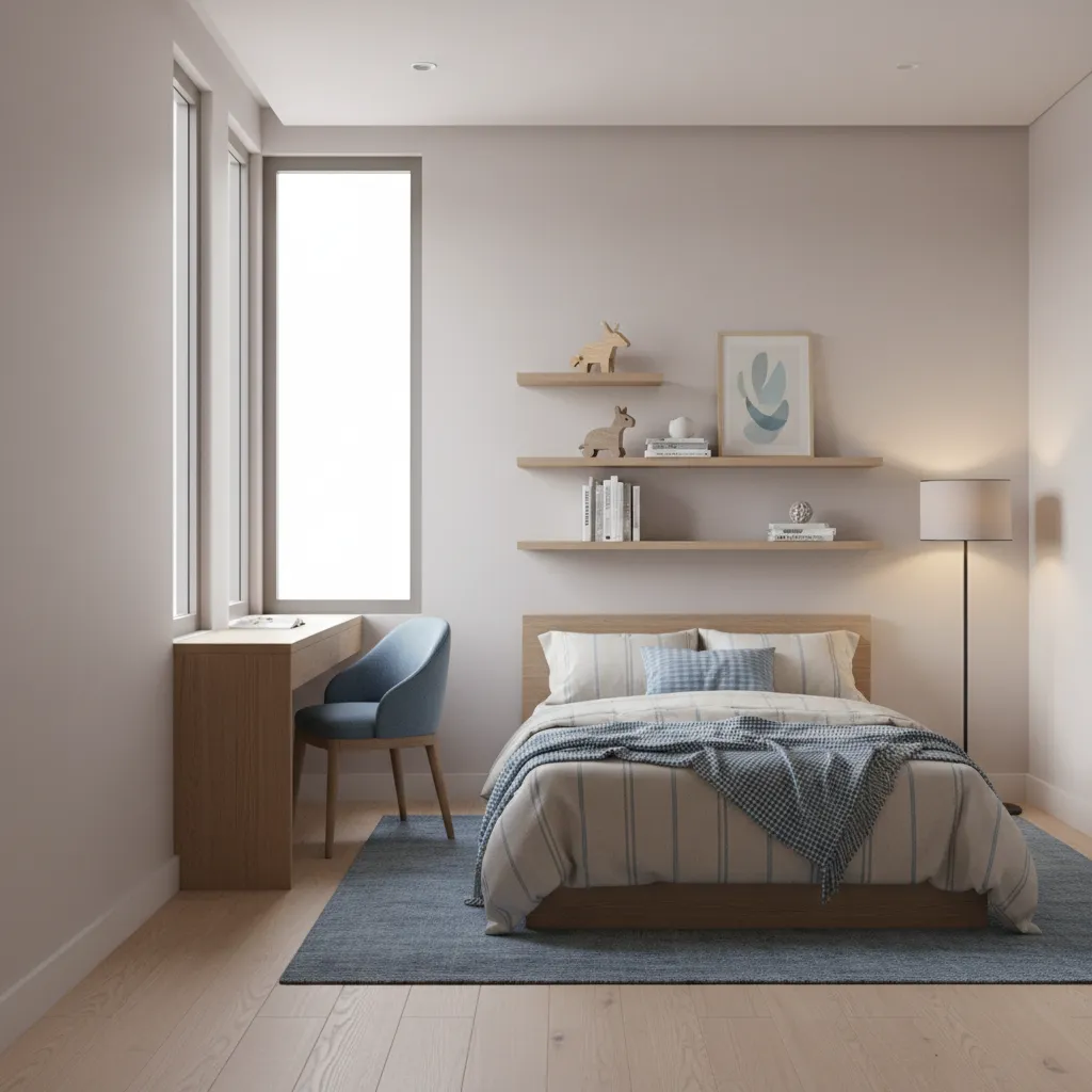 Light colored small boys bedroom that visually feels larger