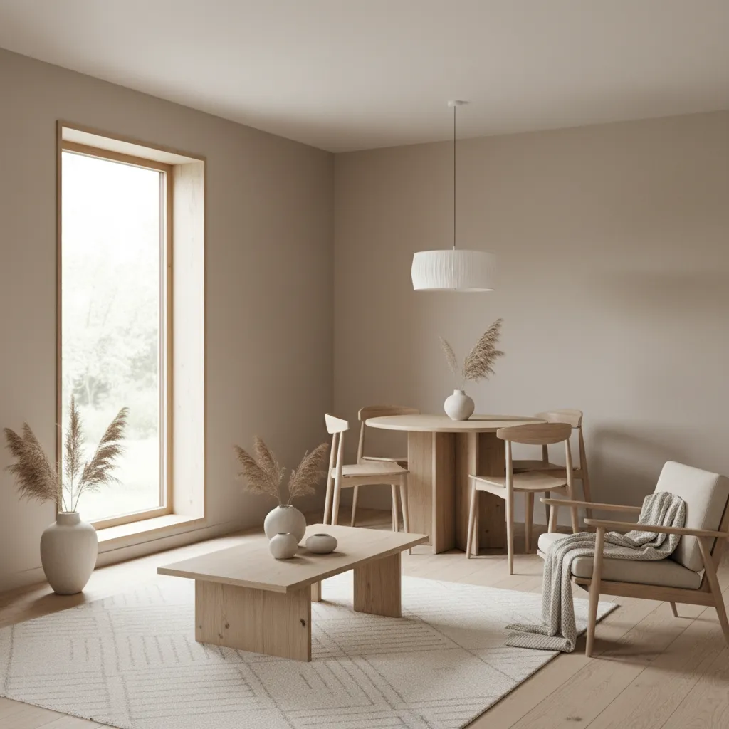 Interior de casa pequeña con colores claros y madera natural