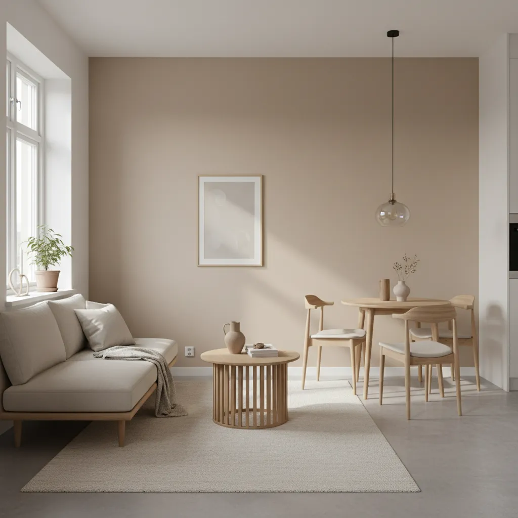 Interior pequeño con colores claros y buena iluminación