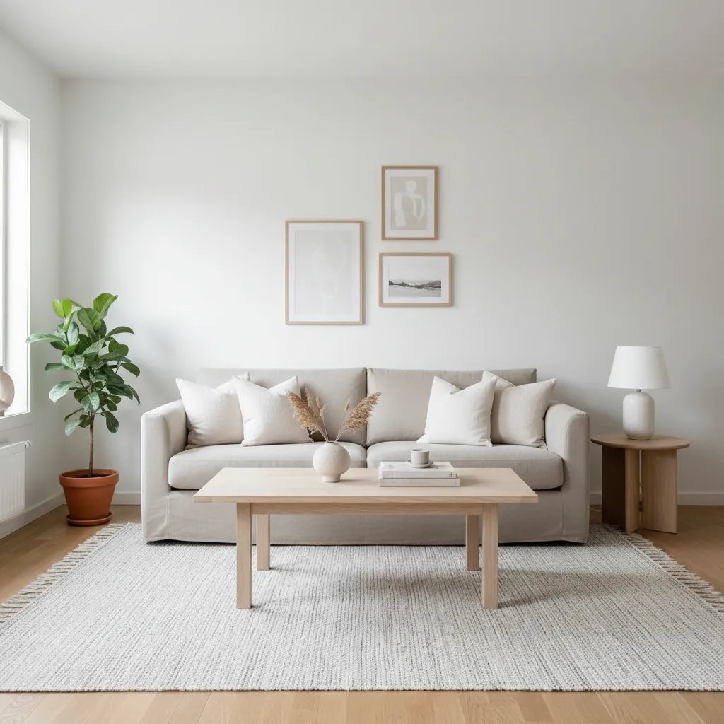 Interior pequeño moderno con paleta de colores claros y madera