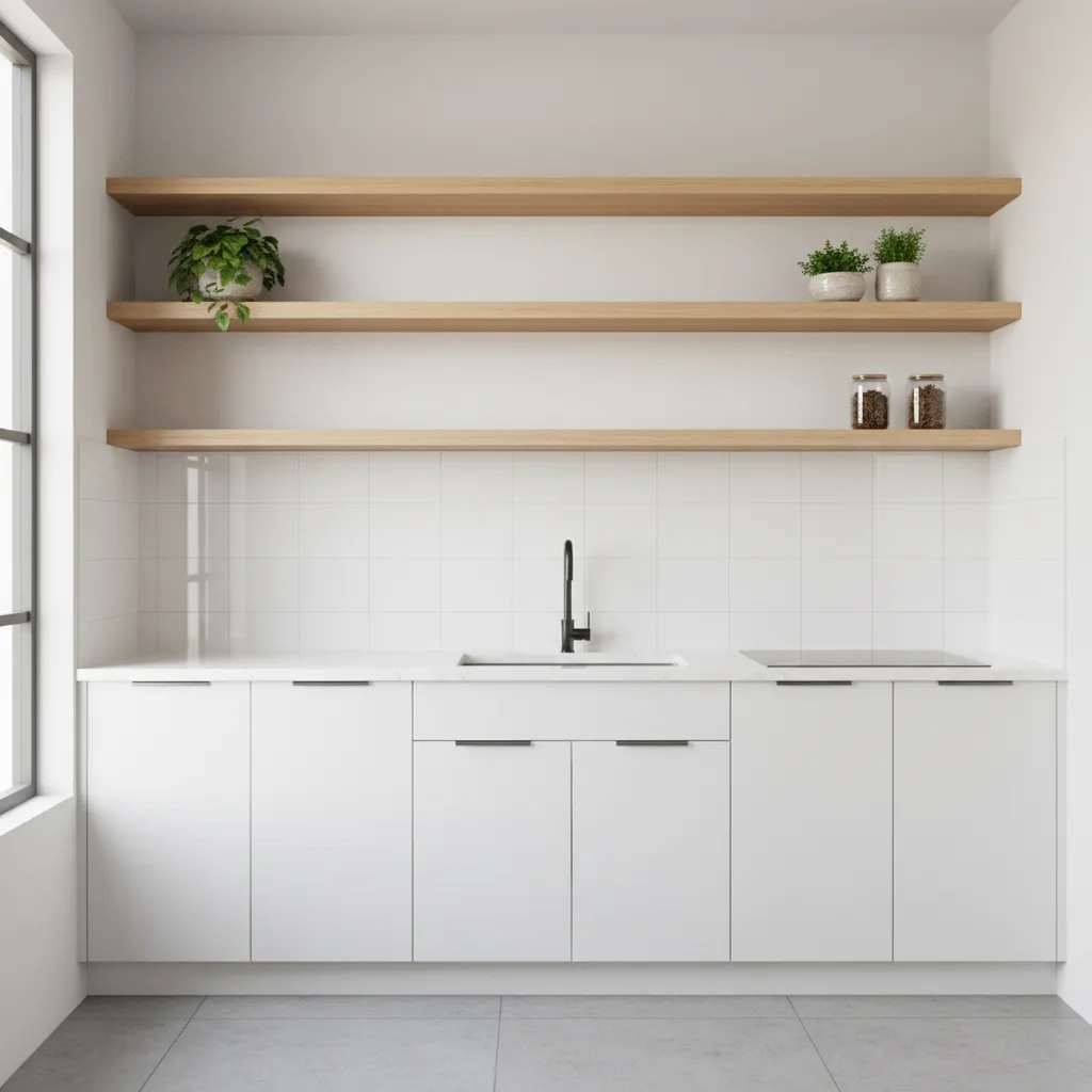 light colored modern small kitchen with white cabinets