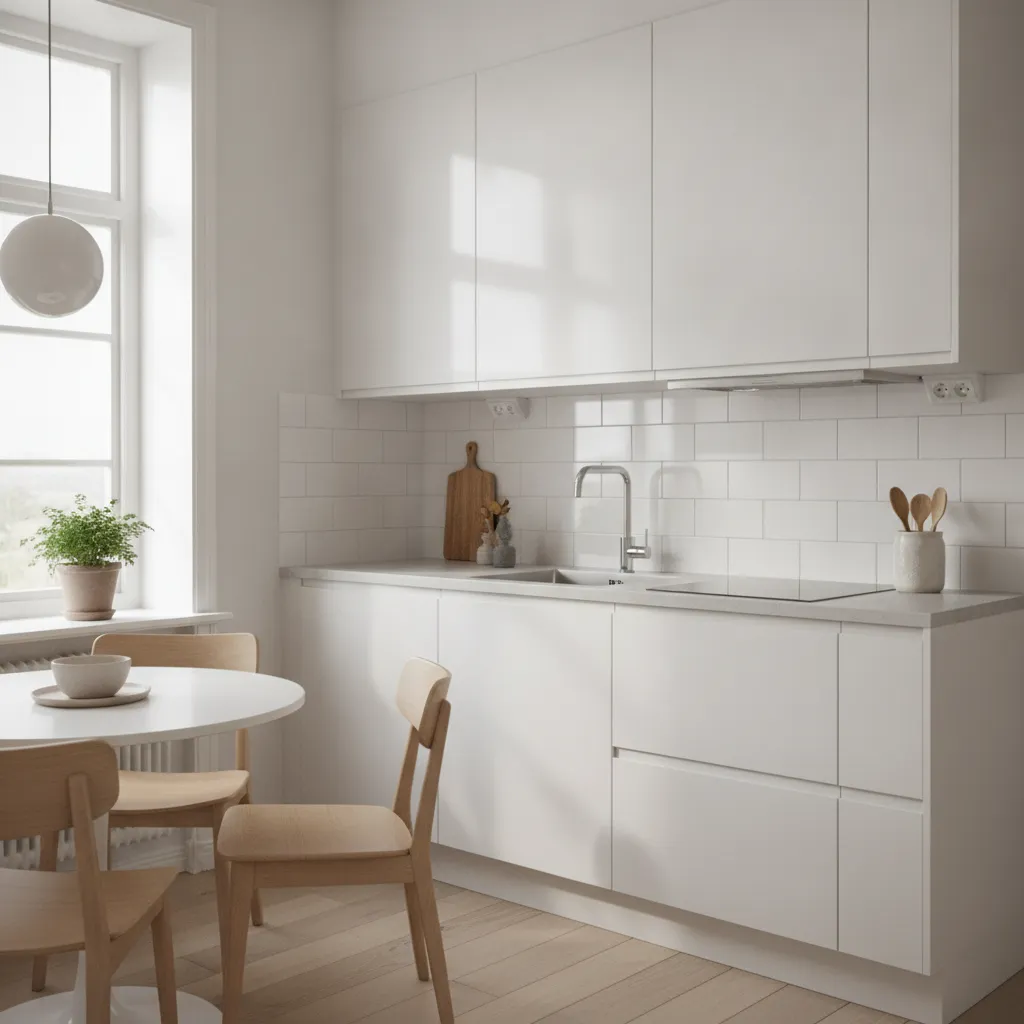Small kitchen with white cabinets and bright reflective surfaces