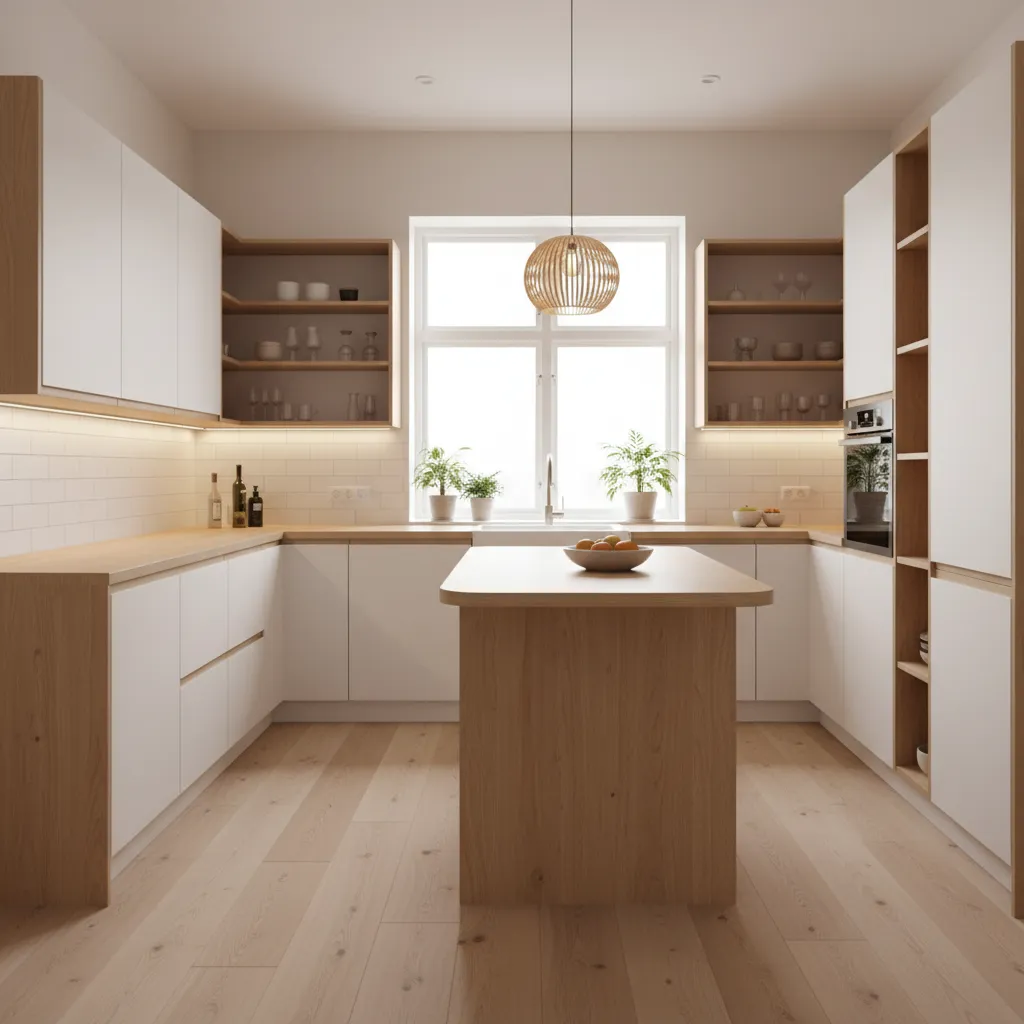 Cocina pequeña en tonos claros con madera natural