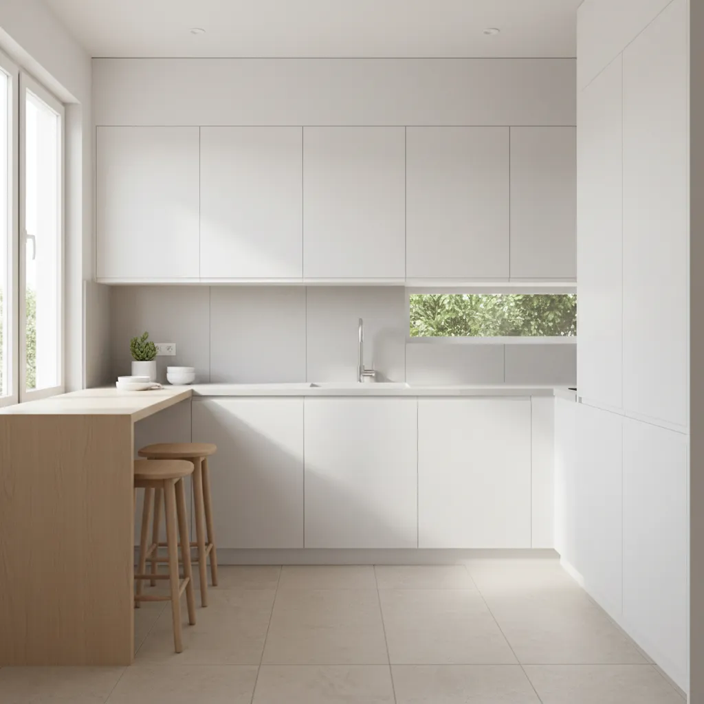 Small kitchen using light colors and continuous surfaces