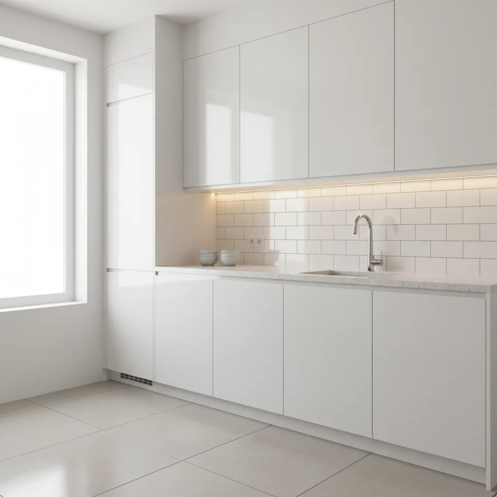 Bright small kitchen with white cabinets and reflective surfaces