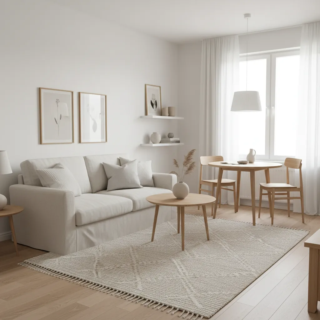 Bright interior design with white sofa, patterned rug, coffee table, dining set, and white curtains