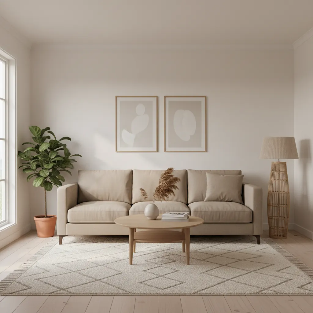 Light neutral color palette small living room with beige sofa and soft natural lighting