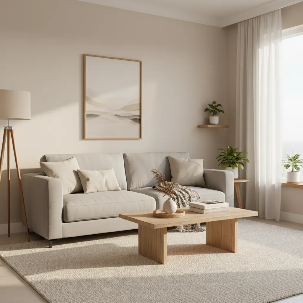 Small Indian living room with light neutral colors and minimal decor