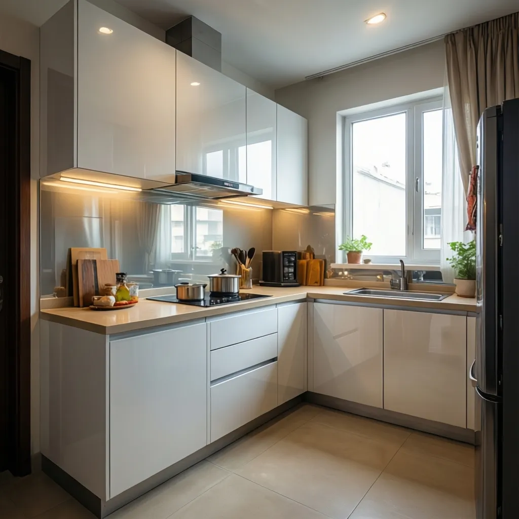Light colored modular kitchen design making a small space look bigger
