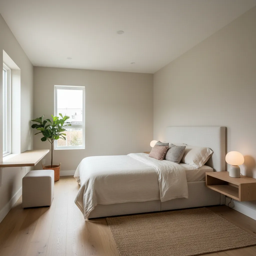 Habitación pequeña con paredes en tono beige claro y mucha luz natural