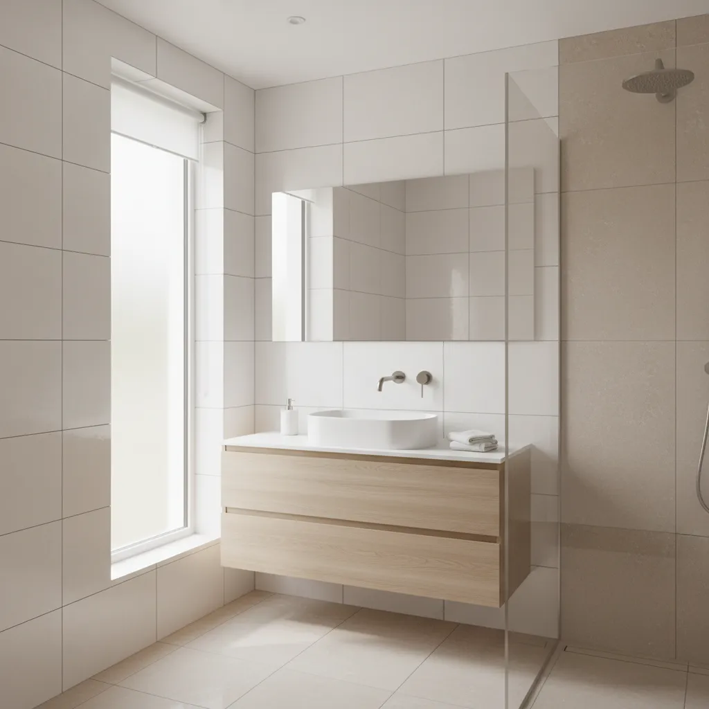 Bright small bathroom using light colored tiles and reflective surfaces