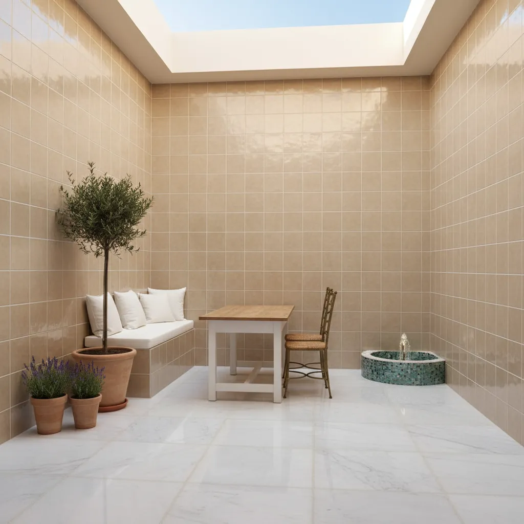 Patio interior pequeño con azulejos claros en paredes para ampliar visualmente el espacio